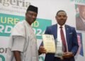 *General Adamu Jeeda (rtd) representative of General Abdusalam Abubakar (chairman of the occasion) presenting the Gold Prize  in Public Service to Jim Obazee, the Special Investigator on CBN and Related Entities and Government Business Entities at the 2024 ThisNigeria Annual Lectures & Awards at the Shehu Yar'Adua Centre, Abuja.