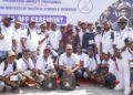 The Administrator of the Presidential Amnesty Programme, Dr Dennis Otuaro (middle), and maritime cadets during the flag-off ceremony for the deployment of 98 delegates by the PAP for a boot camp and a refresher course in maritime-related skills at the Joemarine Institute of Nautical Studies & Research, Otomewo, Delta State, on 30th October 2024