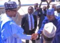 *Former President Muhammadu Buhari (l) in a warm handshake with Gov Babagana Umar Zulum of Borno State in Maiduguri, Nov 5, 2024.