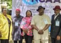 L-R: Director of Legal Services (DLS) Nigeria Civil Aviation Authority (NCAA) Mrs Mary Tufano-Eche; Director of Aerodrome and Airspace Standards (DAAS) Engr. Godwin Balang; Director of Corporate Services (DCS) Dr Rebecca Aghadinazu; Director General NCAA Capt Chris Najomo and Director of Special Duties (DSD) Mr Horatius Egua, at the opening ceremony of a retreat on Standardization organised by the DSD, at Zuma Rock Resort, Niger State, on Monday.