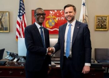 *NSA to President Tinubu, Nuhu Ribadu (l) in a warm handshake with US VP JD Vance (r).