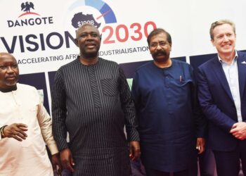 L-R: Minister of State for Petroleum Resources (Gas), Rt. Hon. Ekperikpe Ekpo; Minister of State for Petroleum Resources (Oil), Senator Heineken Lokpobiri; Group Vice President, Oil & Gas, Dangote Industries Limited, Devakumar Edwin; and Managing Director/Chief Executive Officer, Dangote Petroleum Refinery & Petrochemicals, David Bird, during the visit of the Ministers and Board members of the Nigerian Upstream Petroleum Regulatory Commission (NUPRC) to the Dangote Petroleum Refinery, Petrochemicals and Fertiliser complex in Lekki, Lagos, on Monday, July 13, 2026.